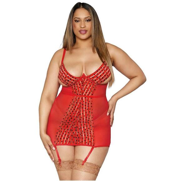 🦋B2G1🦋DREAMGIRL Stretch Mesh & Heart Printed Striped Elastic Garter Slip PLUS 1X - Picture 1 of 6